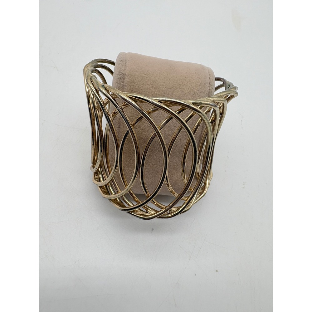 Gold Tone Abstract Wire Cage Cuff Bracelet Sculptural Wide Loop Statement